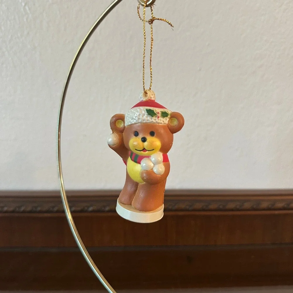 Vintage Christmas Teddy Bear Ornament Santa Hat Scarf Snowball‎ Plastic Holiday